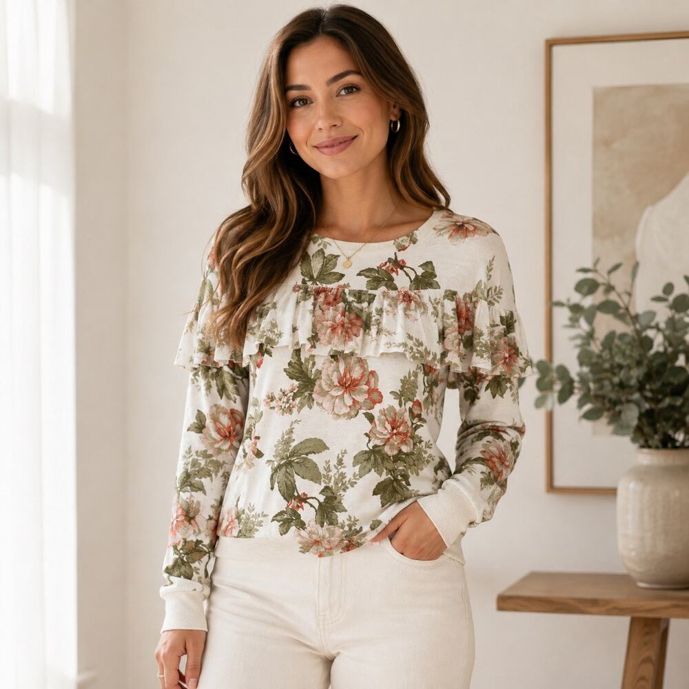 Harlyn Anthropologie Women’s Medium Floral Ruffle Long Sleeve Knit Top